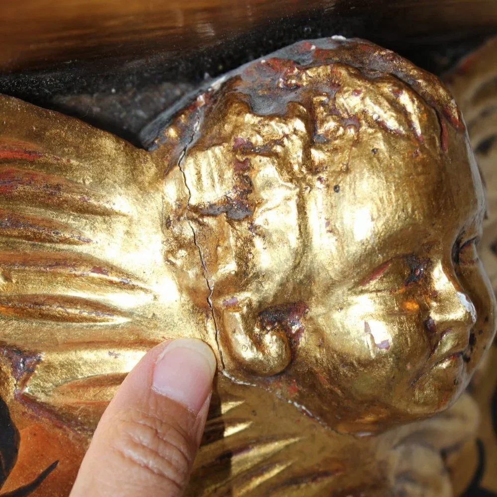 Antique vintage wood carved gilded Putti brackets Cherub Baroque golden flaws